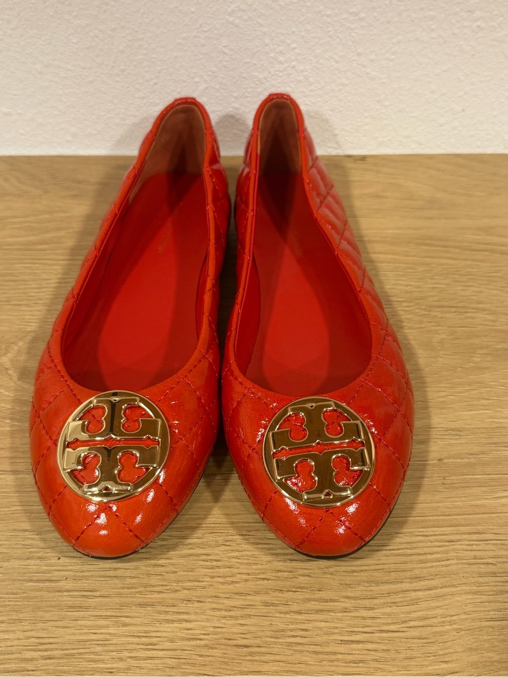 Tory Burch Red Quilted Patent Logo Ballet Flats